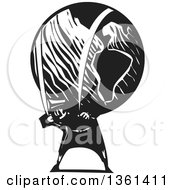 Black And White Woodcut Man Carrying A Heavy Planet Earth On His Back