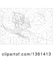 Poster, Art Print Of Black And White Lineart Santa Skiing Downhill At Night