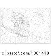 Clipart Of A Black And White Lineart Santa Skiing Downhill At Night Royalty Free Vector Illustration by Alex Bannykh