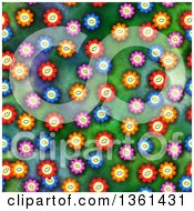 Poster, Art Print Of Seamless Background Pattern Of Happy Colorful Daisy Flowers On Green
