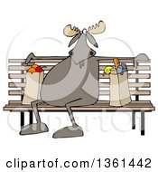 Poster, Art Print Of Cartoon Moose Sitting On A Park Bench With Grocery Bags
