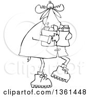 Poster, Art Print Of Cartoon Black And White Lineart Winter Moose Carrying Groceries