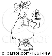 Poster, Art Print Of Cartoon Black And White Lineart Moose Gardener Holding A Potted Flower