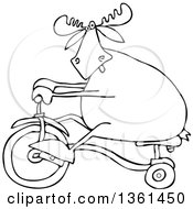 Cartoon Black And White Lineart Moose Riding A Tricycle