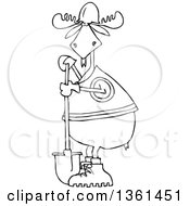 Poster, Art Print Of Cartoon Black And White Lineart Moose Contractor Holding A Shovel And Wearing A Safety Vest