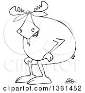 Clipart Of A Cartoon Black And White Lineart Moose Squatting And Pooping Royalty Free Vector Illustration