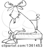 Poster, Art Print Of Cartoon Black And White Lineart Tired Moose Sitting On A Bed