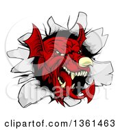 Fierce Red Welsh Dragon Mascot Head Breaking Through A Wall