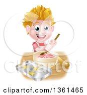 Poster, Art Print Of Happy Blond Caucasian Boy Making Frosting And Baking Cookies