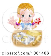 Happy Blond Caucasian Girl Baking Cookies And Holding A Cutter