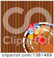 Poster, Art Print Of Cute Happy Thanksgiving Turkey Bird Peeking In The Lower Corner Of A Brown Stripe Background