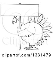 Poster, Art Print Of Cartoon Black And White Chubby Thanksgiving Turkey Bird Holding A Blank Sign