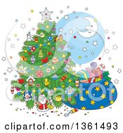 Cartoon Crescent Moon And Stars Around A Christmas Tree And Santas Sack