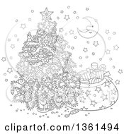 Poster, Art Print Of Cartoon Black And White Crescent Moon And Stars Around A Christmas Tree And Santas Sack