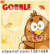 Poster, Art Print Of Cartoon Cute Thanksgiving Turkey Bird Peeking From A Corner Over Autumn Leaves And Gobble Text