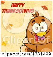 Poster, Art Print Of Cartoon Cute Thanksgiving Turkey Bird Peeking From A Corner Over Autumn Leaves And Happy Thanksgiving Text