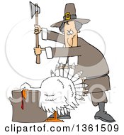 Poster, Art Print Of Cartoon Pilgrim Ready To Chop The Head Off Of A White Thanksgiving Turkey Bird Laying His Head On A Chopping Block