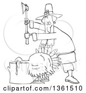 Poster, Art Print Of Cartoon Black And White Pilgrim Ready To Chop The Head Off Of A Thanksgiving Turkey Bird Laying His Head On A Chopping Block