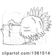 Poster, Art Print Of Cartoon Black And White Thanksgiving Turkey Bird Laying His Head On A Chopping Block