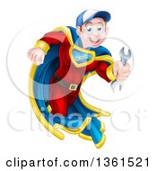 Poster, Art Print Of Young Brunette Caucasian Male Super Hero Mechanic Running With A Wrench
