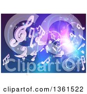 Blue And Purple Background Of Bright Neon Lights Flares And Floating Music Notes