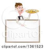 Poster, Art Print Of Cartoon Caucasian Male Waiter With A Curling Mustache Holding A Pizza On A Tray And Pointing Down Over A Blank White Menu Sign Board