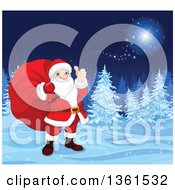 Clipart Of A Christmas Santa Claus Carrying A Sack And Giving A Thumb Up In A Magical Winter Background Royalty Free Vector Illustration by Pushkin
