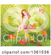Beautiful Red Haired White Female Fairy Sitting On A Fly Agaric Mushroom With Autumn Leaves And Ferns