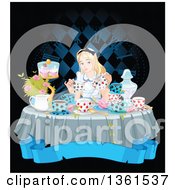 Alice Pouring Tea At A Table With Cupcakes And Flowers Over A Blank Blue Banner And Clock