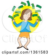 Cartoon Happy Caucasian Woman Jumping And Throwing Cash Money