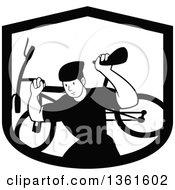 Clipart Of A Black And White Male Cyclist Carrying A Bicycle On His Back Inside A Shield Royalty Free Vector Illustration by patrimonio