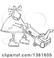 Cartoon Black And White Moose Using A Snow Blower