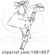 Cartoon Black And White Moose Standing On A Ladder And Cleaning Gutters