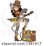 Clipart Of A Sexy Brunette Steampunk Rocker Woman Resting One Foot On An Amplifier And Playing An Electric Guitar Royalty Free Vector Illustration
