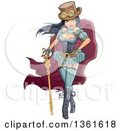 Clipart Of A Sexy Victorian Steampunk Woman Wearing A Top Hat With Goggles A Clock And Standing With A Staff Royalty Free Vector Illustration