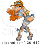 Clipart Of A Surprised Sexy Red Haired Steampunk Woman Wearing A Rocket Strapped To Her Back And Bending Over Royalty Free Vector Illustration