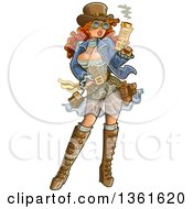 Sexy Red Haired Steampunk Gunslinger Woman Holding A Smoking Gun