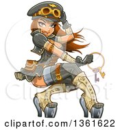 Poster, Art Print Of Sexy Brunette Steampunk Airship Aviator Captain Woman Holding A Key Ring