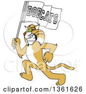 Bobcat School Mascot Character Running With A Team Flag Symbolizing Pride
