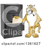 Poster, Art Print Of Bobcat School Mascot Character Filing Folders Symbolizing Organization