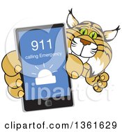 Bobcat School Mascot Character Holding Up A Smart Phone With An Emergency Screen Symbolizing Safety