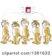 Bobcat School Mascot Characters Walking In Line As A Fire Alarm Goes Off Symbolizing Safety by Mascot Junction