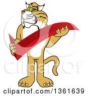 Bobcat School Mascot Character Holding A Check Mark Symbolizing Acceptance by Mascot Junction