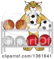 Poster, Art Print Of Bobcat School Mascot Character Putting A Soccer Ball Back On A Rack Symbolizing Respect