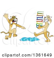Poster, Art Print Of Bobcat School Mascot Character Warning Another That Is Carrying A Stack Of Books About A Puddle Symbolizing Being Proactive