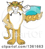 Clipart Of A Bobcat School Mascot Character Holding Up A Thank You Gift Symbolizing Gratitude Royalty Free Vector Illustration by Mascot Junction