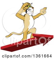 Bobcat School Mascot Character Standing On An Arrow And Pointing Symbolizing Leadership