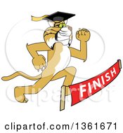 Determined Bobcat School Mascot Character Graduate Running To A Finish Line by Toons4Biz