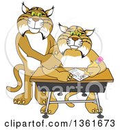 Clipart Of A Compassionate Bobcat School Mascot Character Tutoring A Worried Student Royalty Free Vector Illustration
