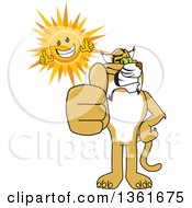Poster, Art Print Of Bobcat School Mascot Character And Sun Holding Thumbs Up Symbolizing Excellence